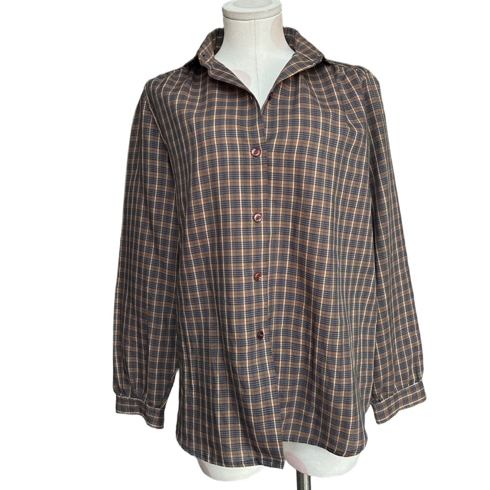 Vintage 1960s/70s Plaid Button-Up Blouse – Brown/Blue - medium